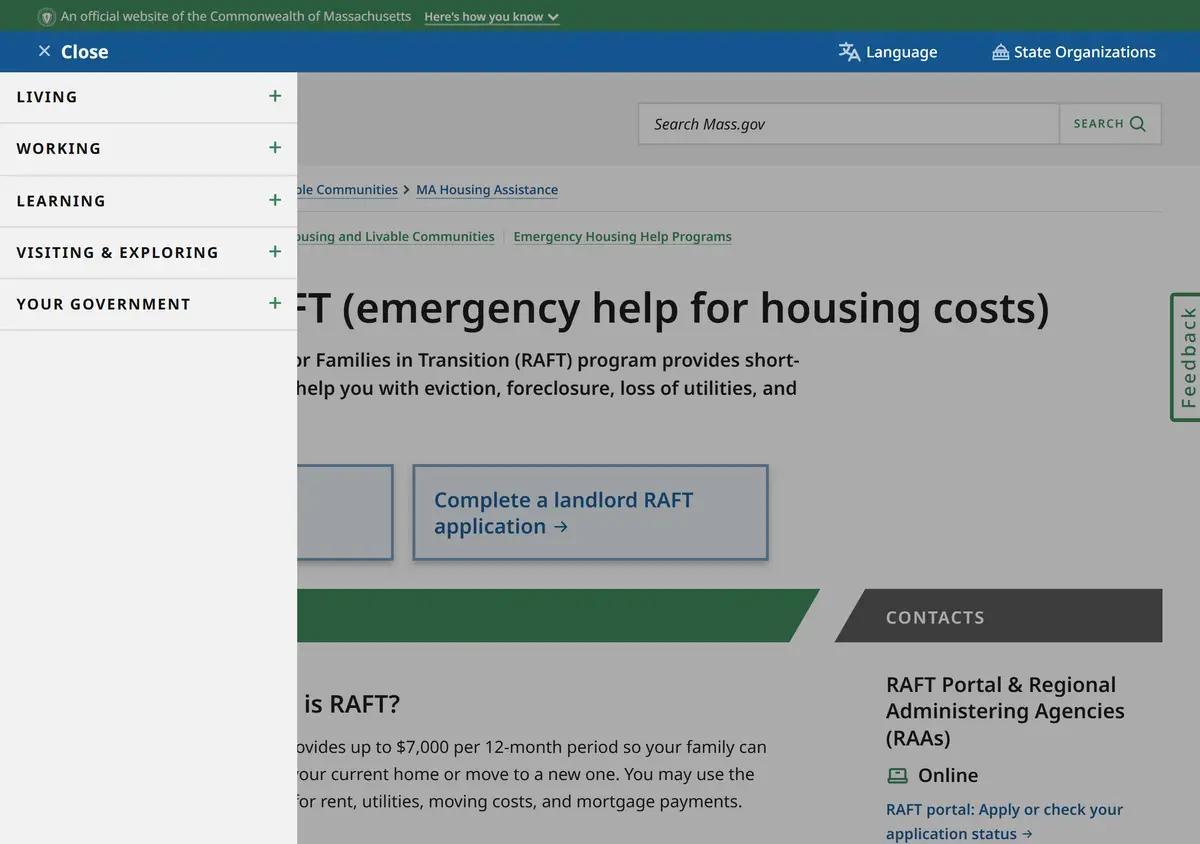 The Massachusetts apply-for-RAFT page.