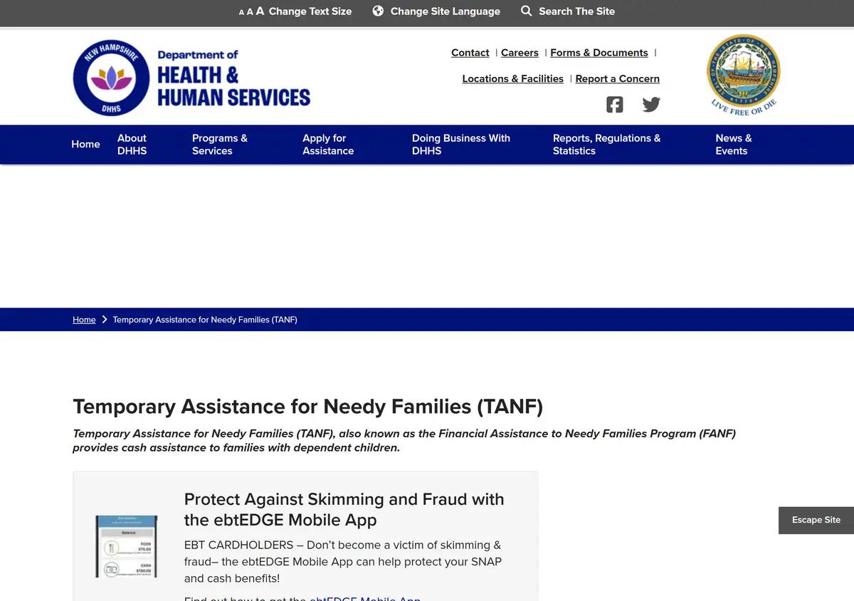 The New Hampshire DHHS TANF and FANF page.