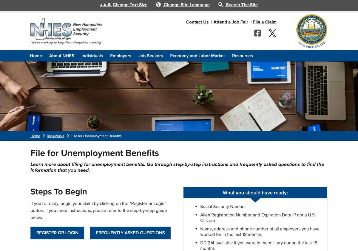 The New Hampshire Employment Security file-for-benefits page.