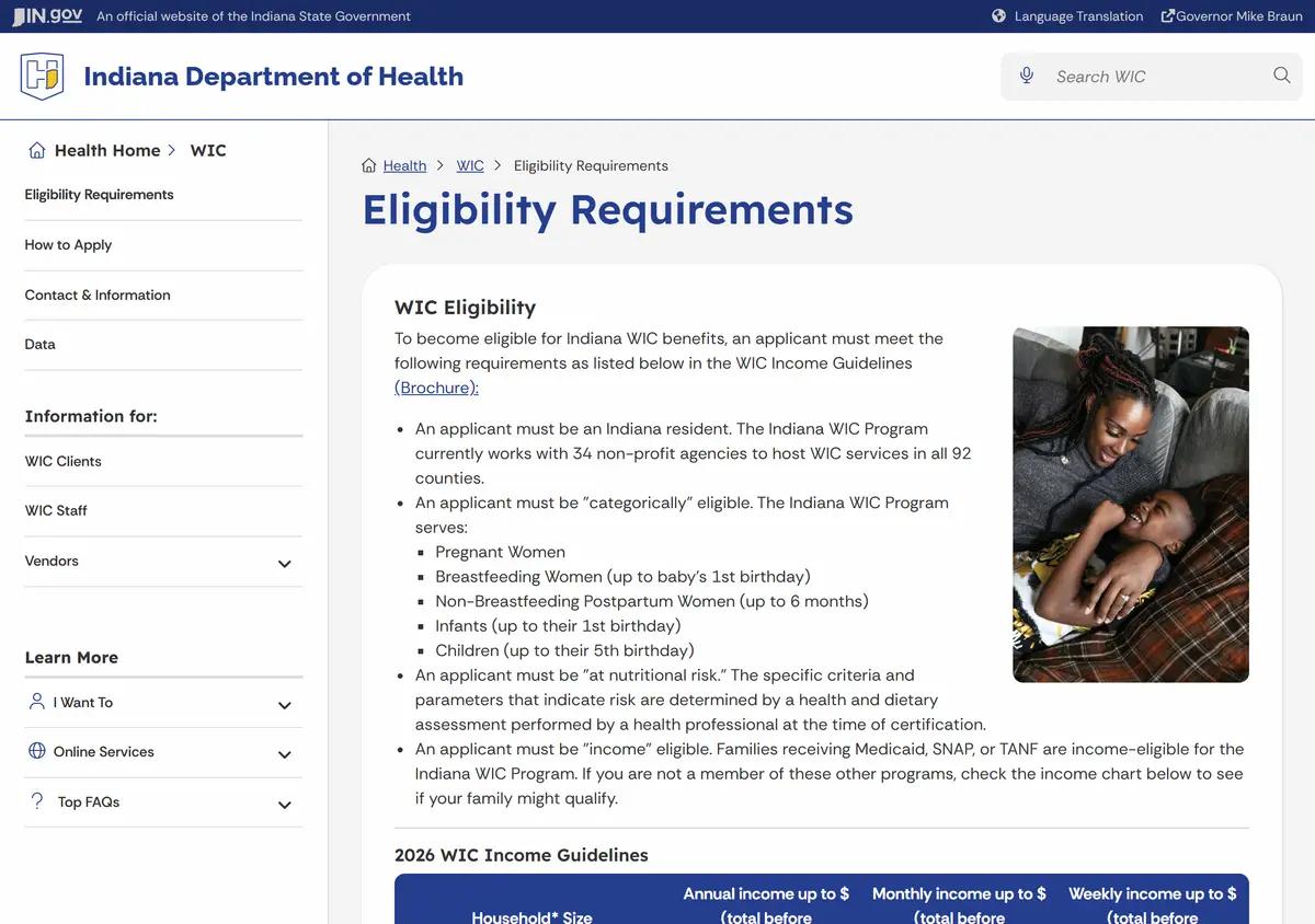 The Indiana WIC eligibility requirements page.