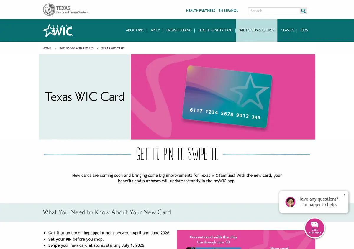 The Texas WIC card information page.