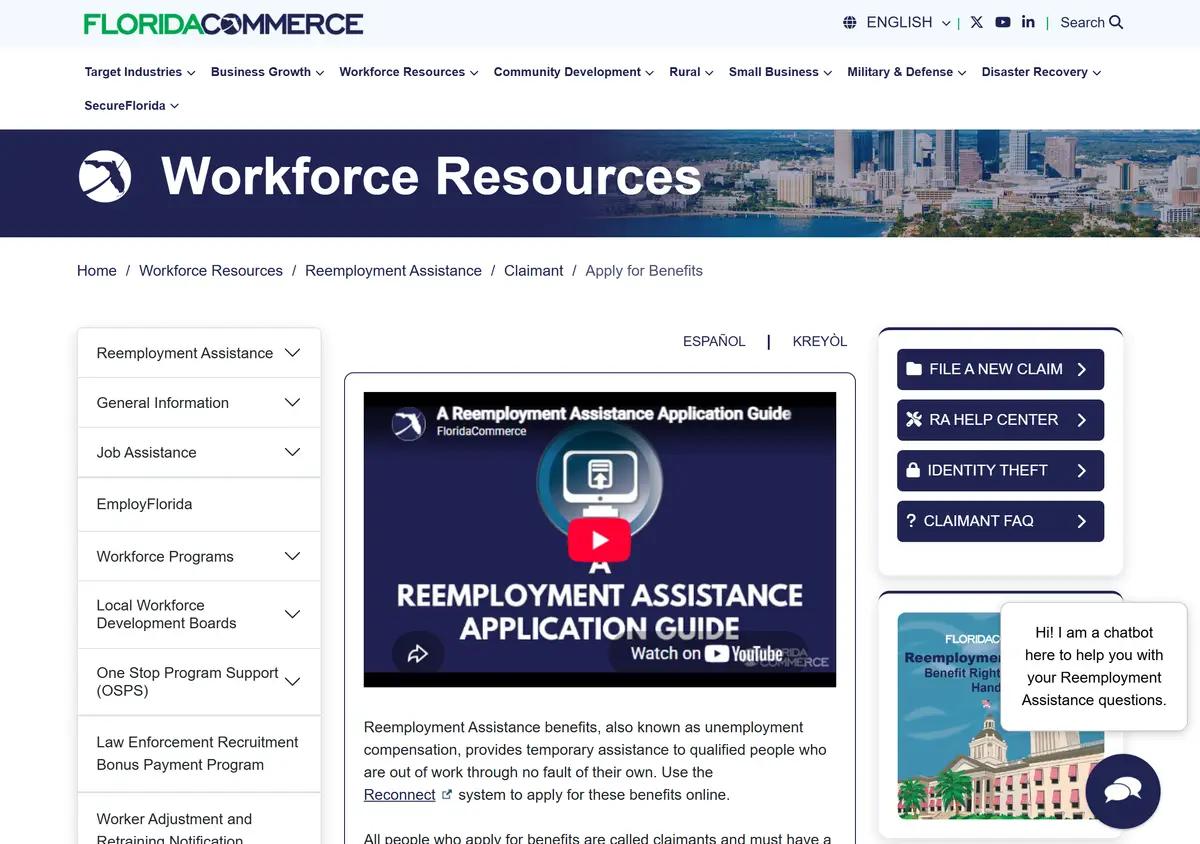 The Florida apply-for-benefits page.