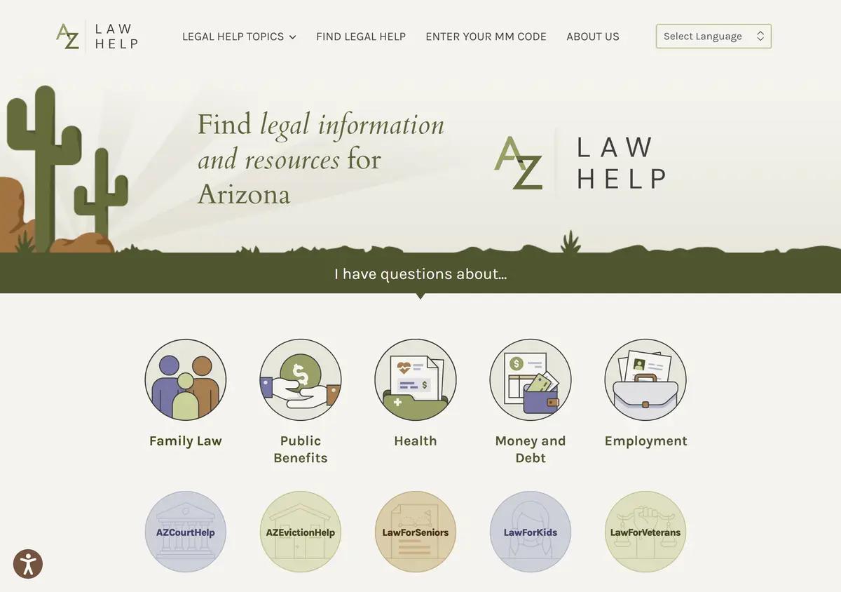 The AZLawHelp homepage with the statewide intake options.
