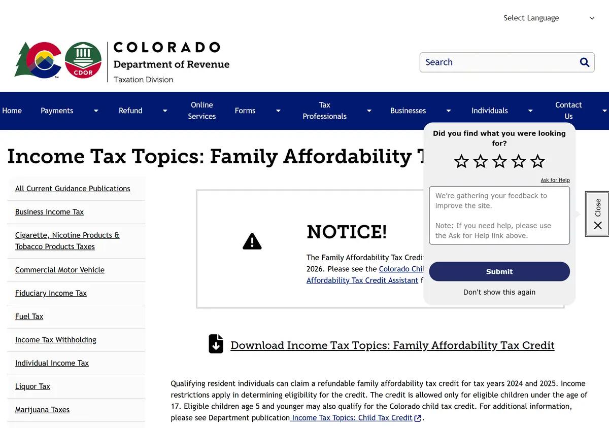 The Colorado Family Affordability Tax Credit topic page.