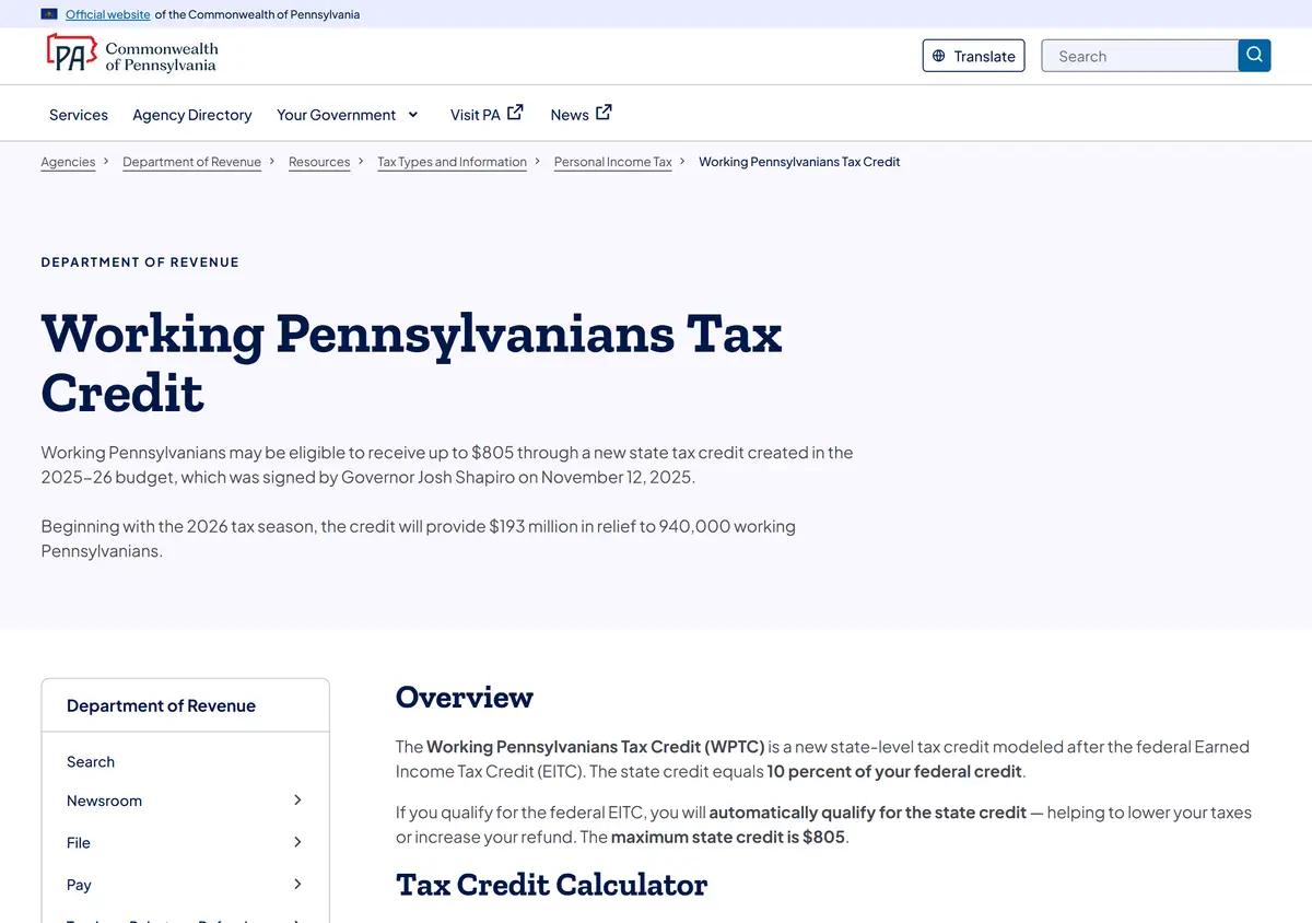 The Pennsylvania Department of Revenue page for the Working Pennsylvanians Tax Credit.