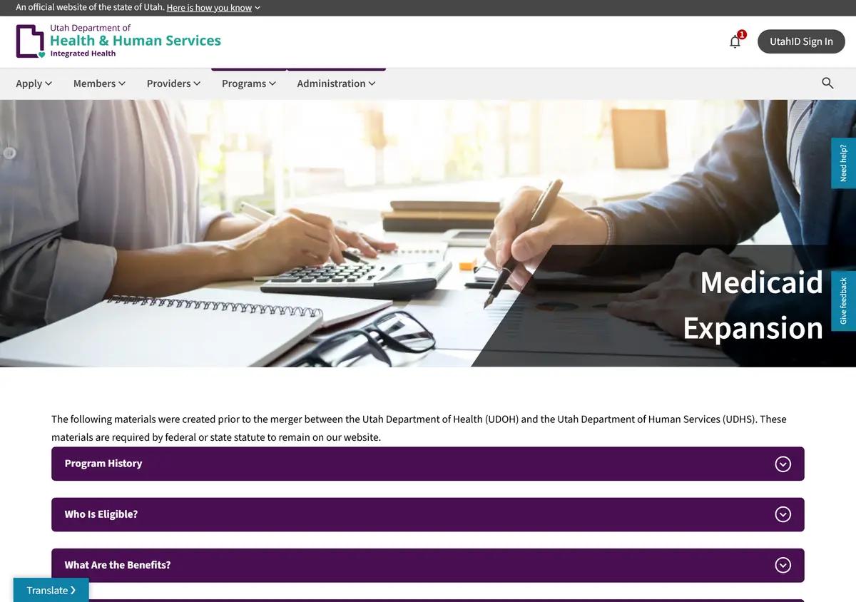 The Utah Medicaid expansion information page.