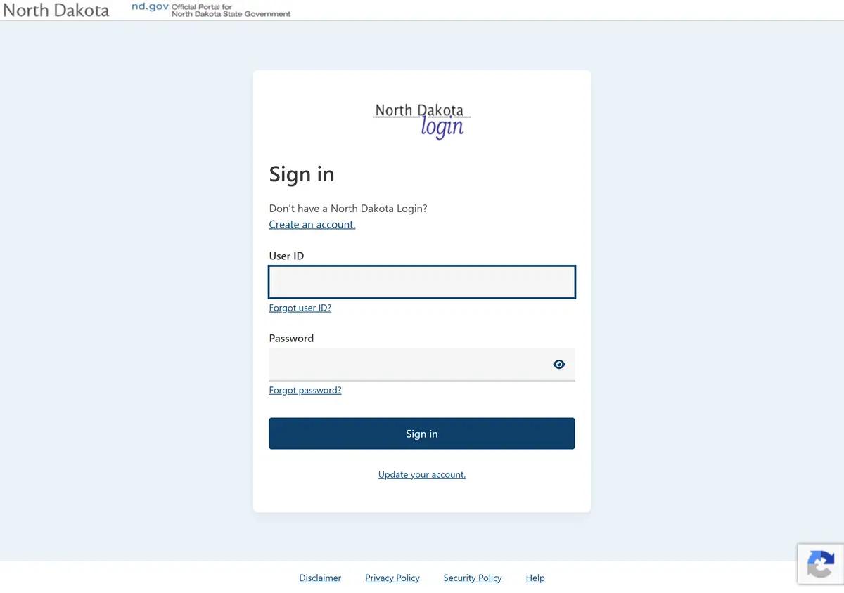 The North Dakota Self Service Portal sign-in.