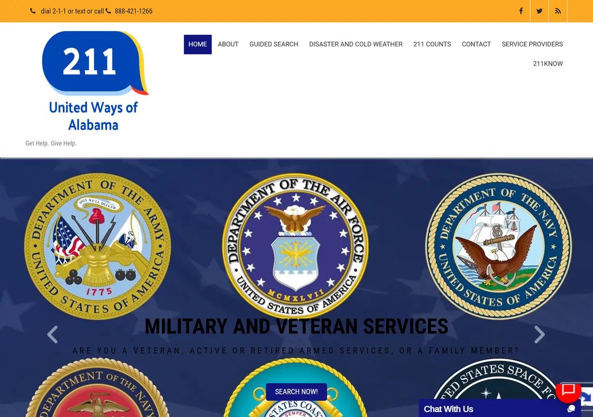 The 2-1-1 Connects Alabama homepage.