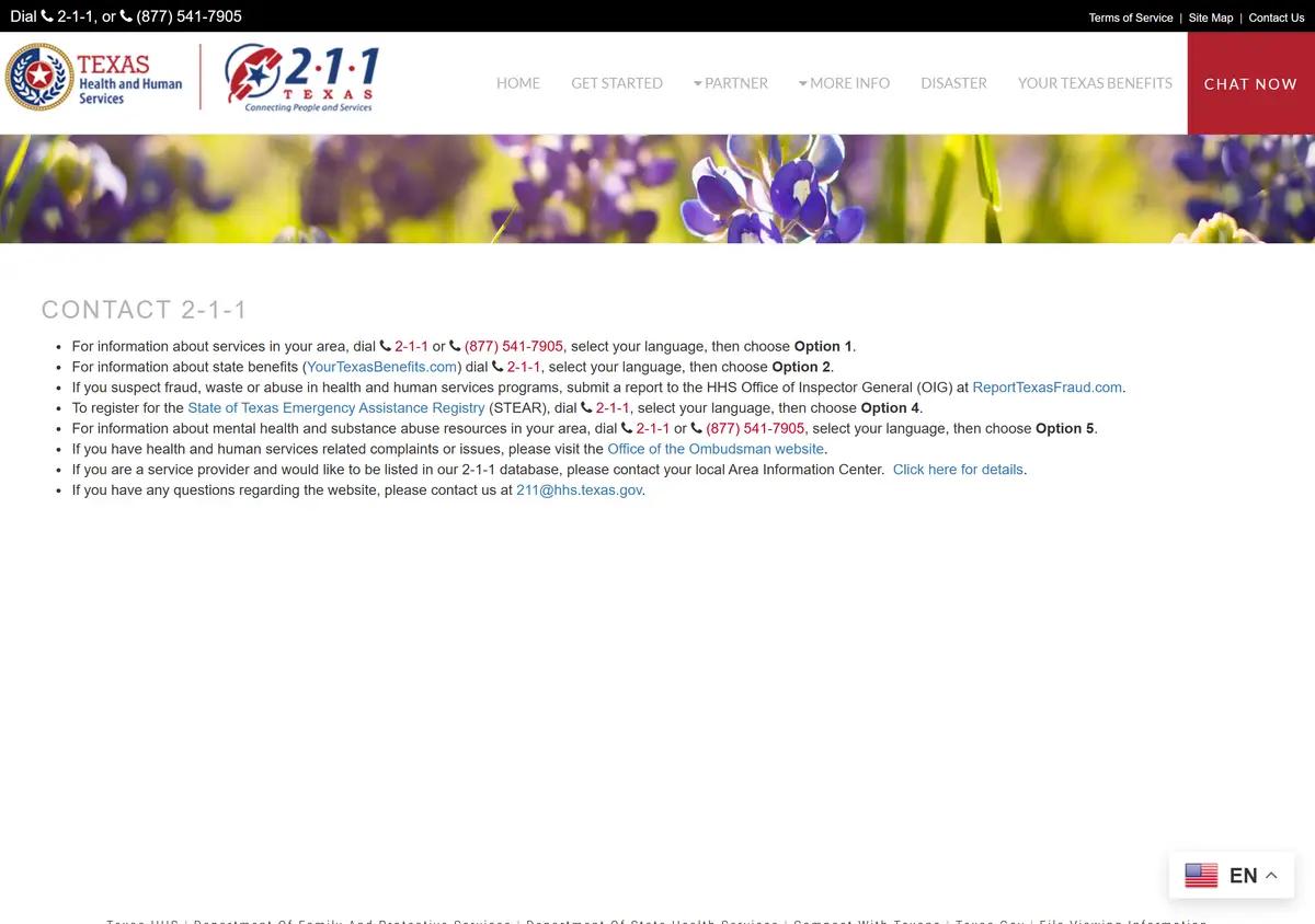 The 2-1-1 Texas contact page.
