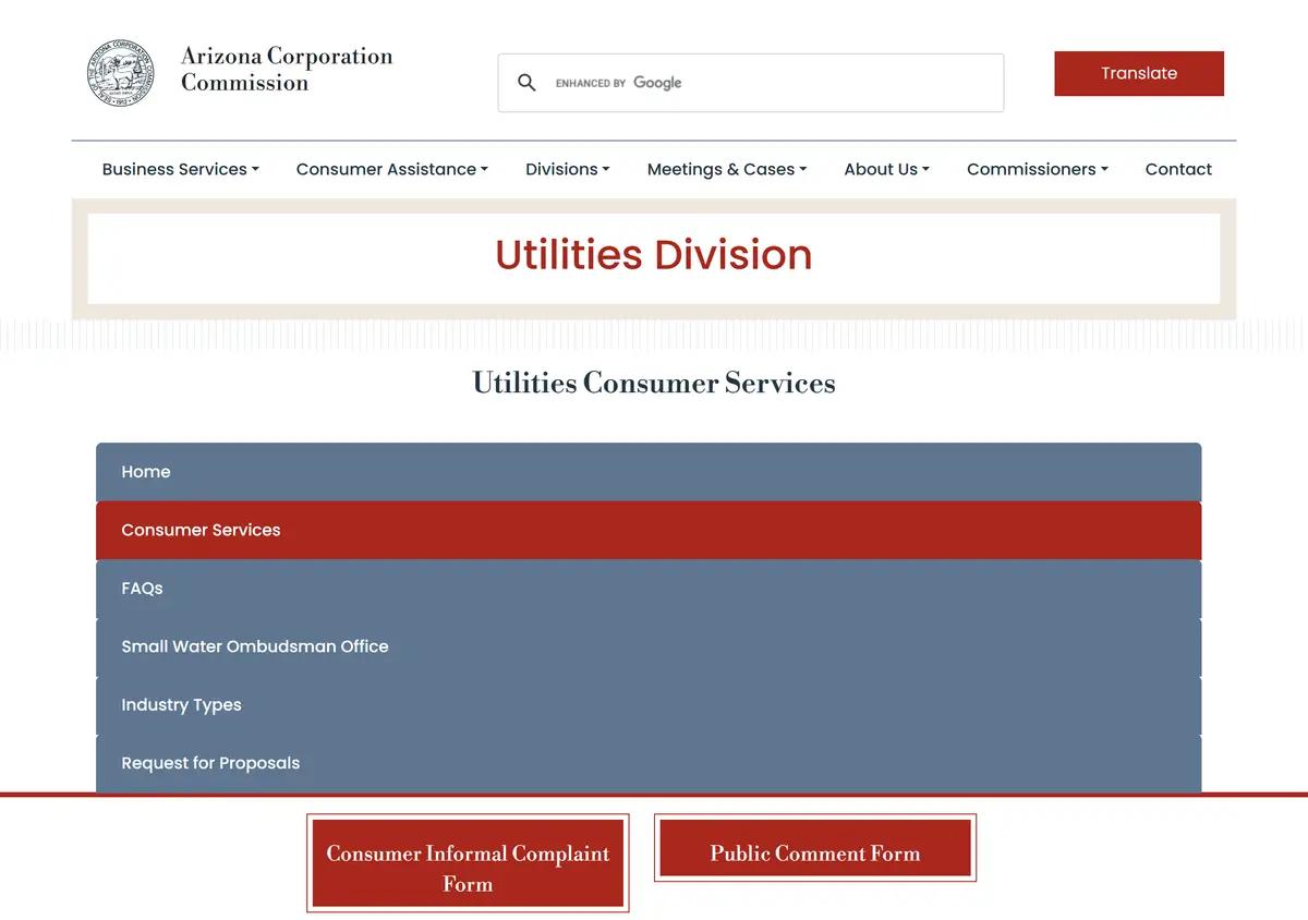 The Corporation Commission consumer assistance page.