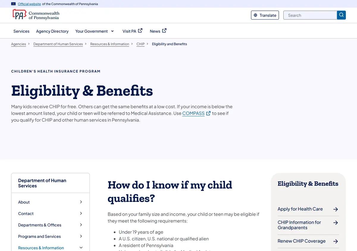 The Pennsylvania DHS CHIP eligibility and benefits page with the 2026 cost tiers.