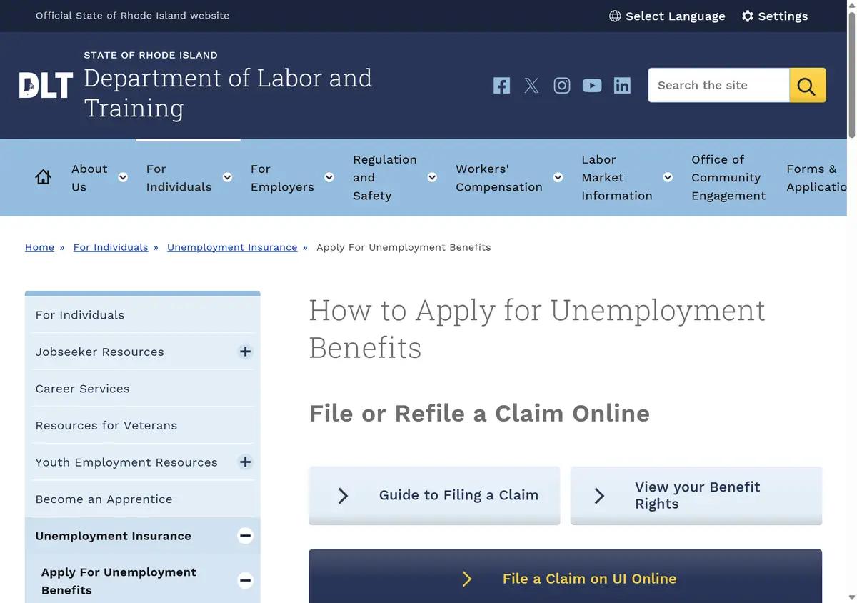 The Rhode Island DLT apply for unemployment benefits page.