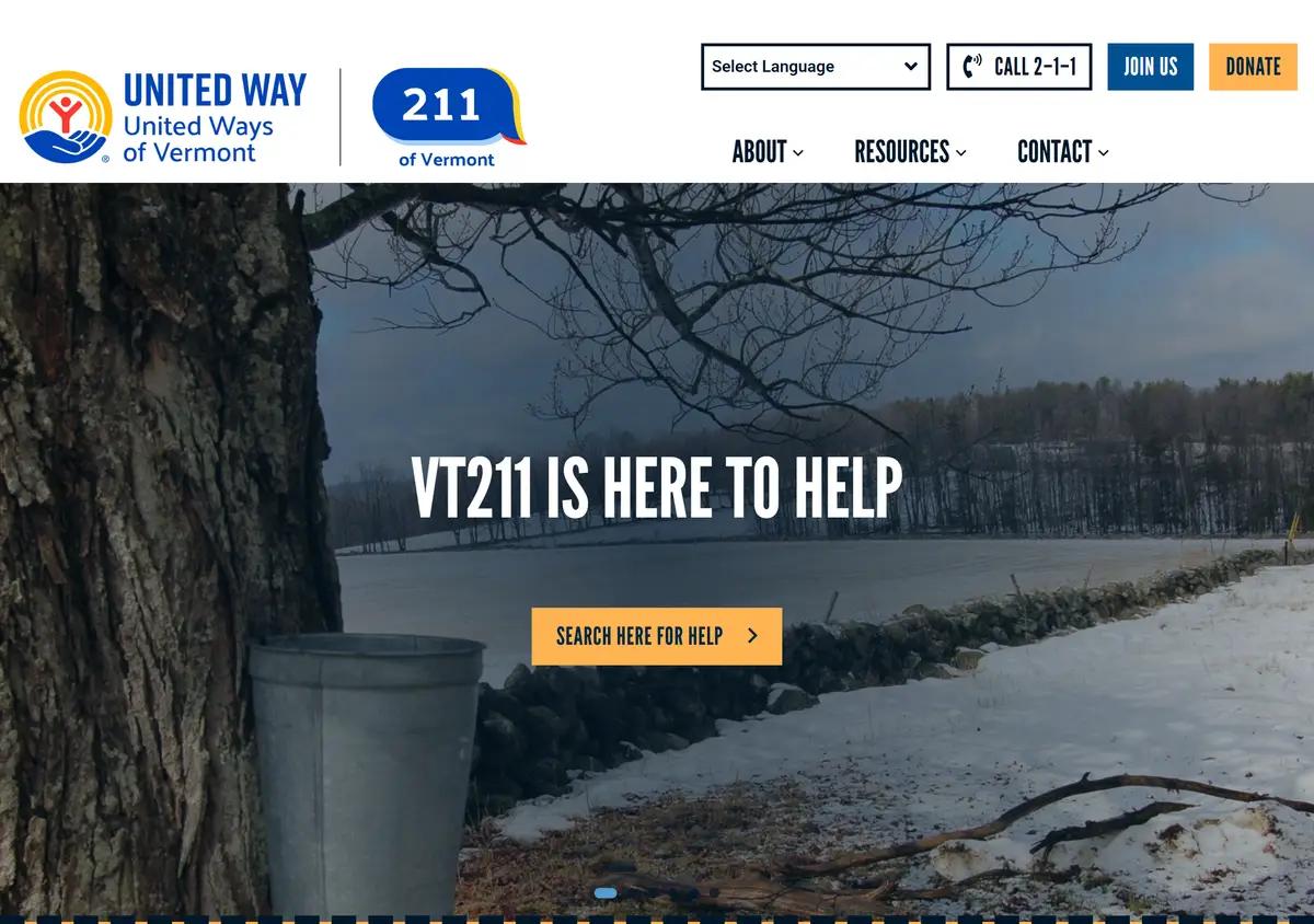 The Vermont 211 homepage.