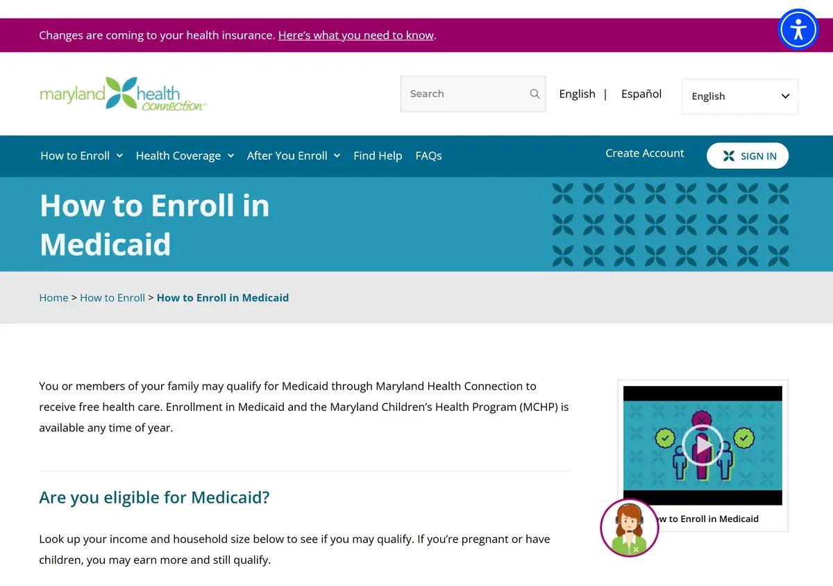 The Maryland Health Connection how-to-enroll page for Medicaid.