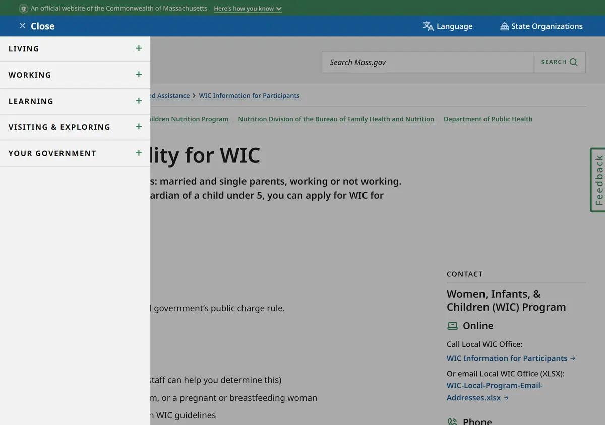 The Massachusetts check-eligibility-for-WIC page.