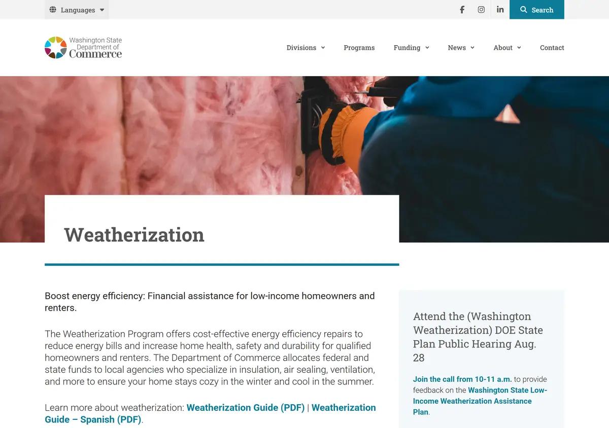 The Washington Commerce weatherization page with the county agency list.
