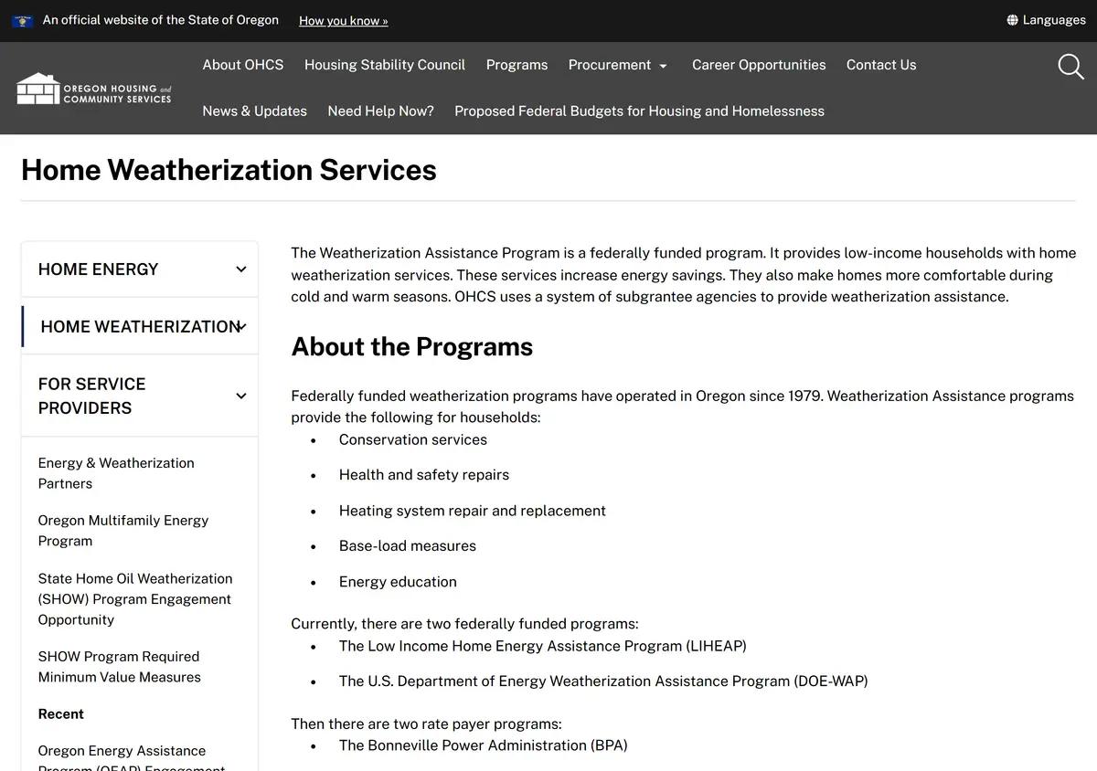 The Oregon OHCS weatherization services page.