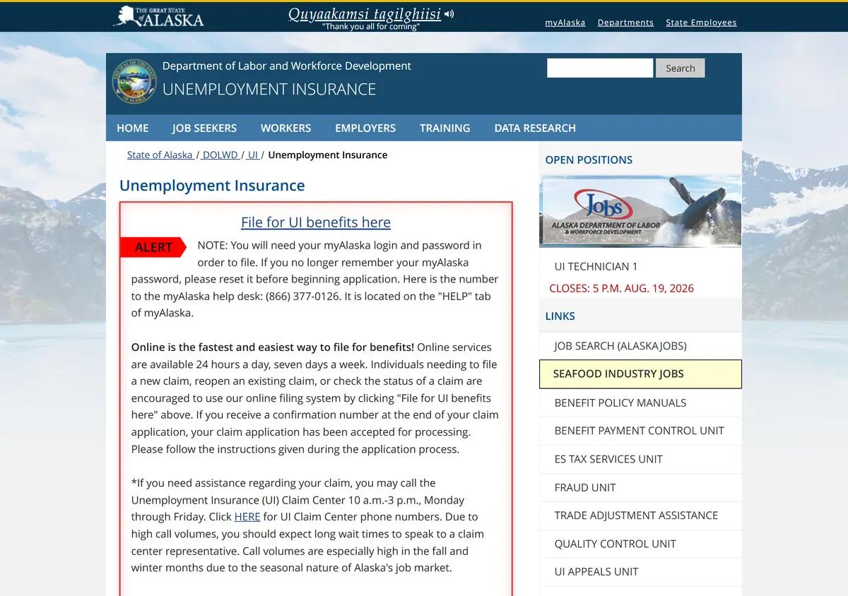 The Alaska Department of Labor unemployment page.
