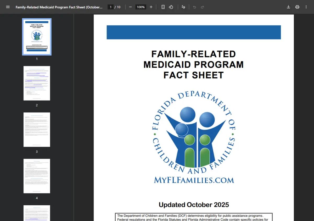 The Florida family-related Medicaid fact sheet.