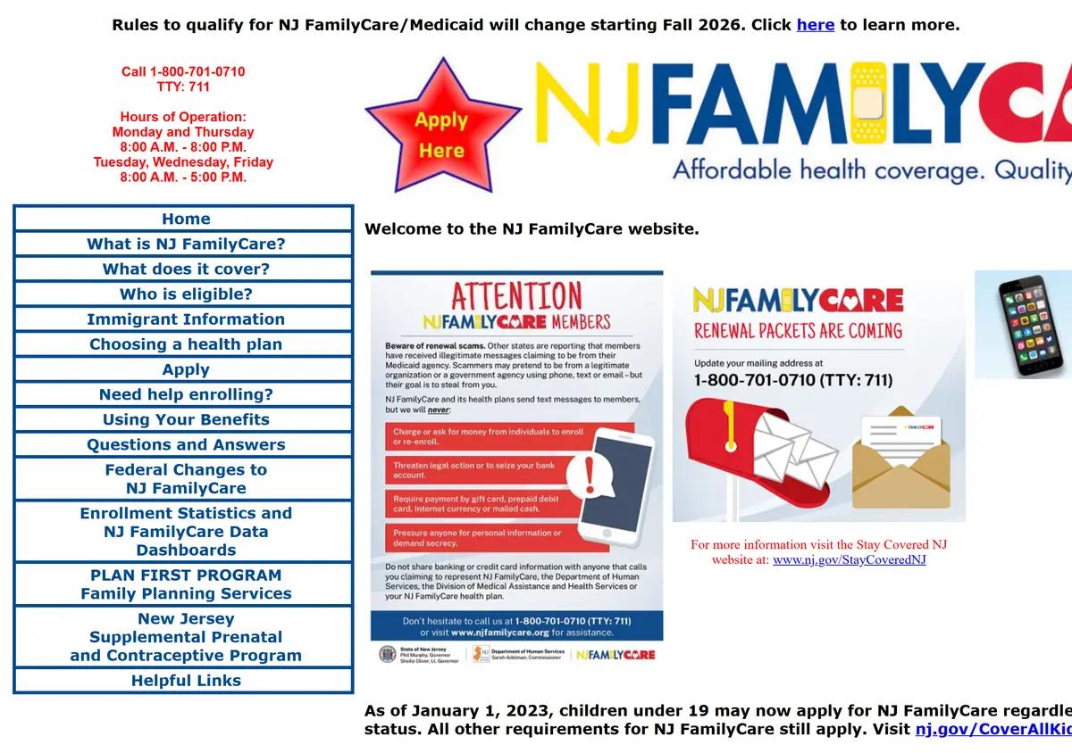 The NJ FamilyCare homepage where applications start.