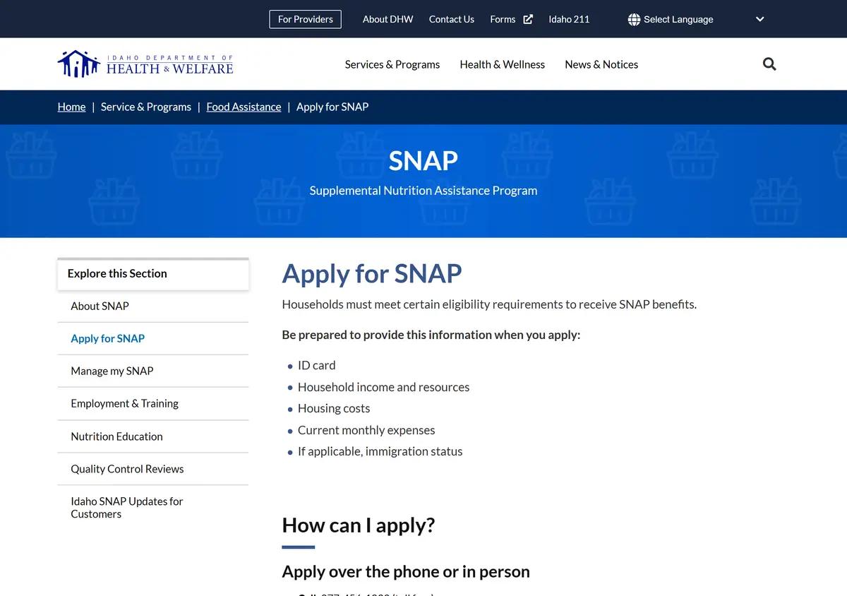 The Idaho Department of Health and Welfare apply-for-SNAP page.