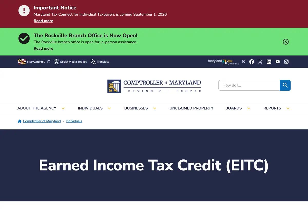 The Maryland Comptroller earned income tax credit page.