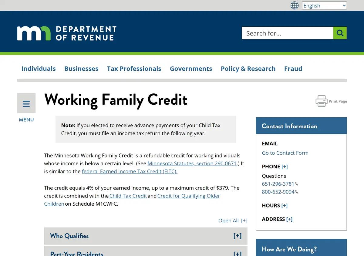 The Minnesota Department of Revenue Working Family Credit page.