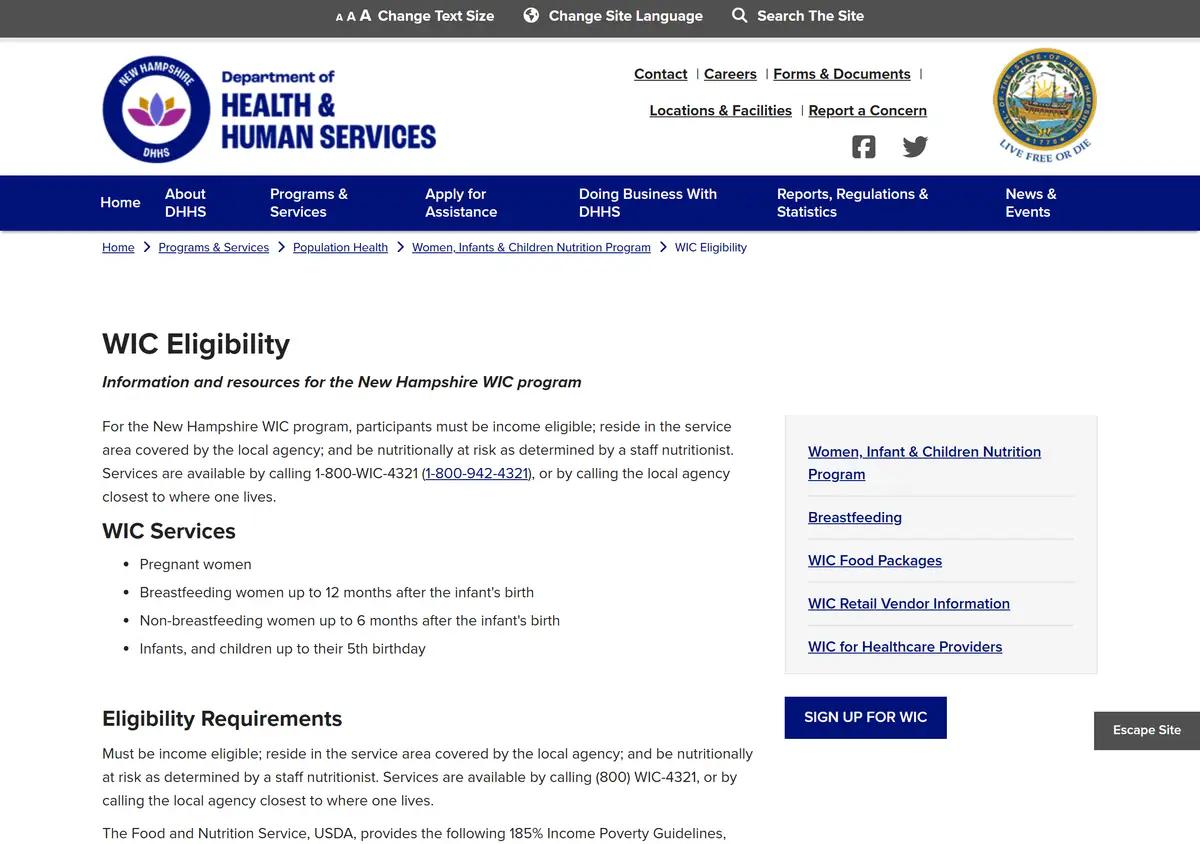 The New Hampshire WIC eligibility page.