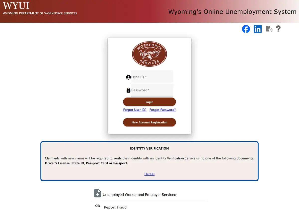 The Wyoming WYUI unemployment claim portal.