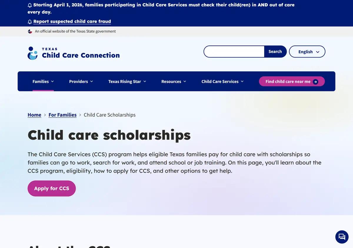 The Texas child care scholarships page.