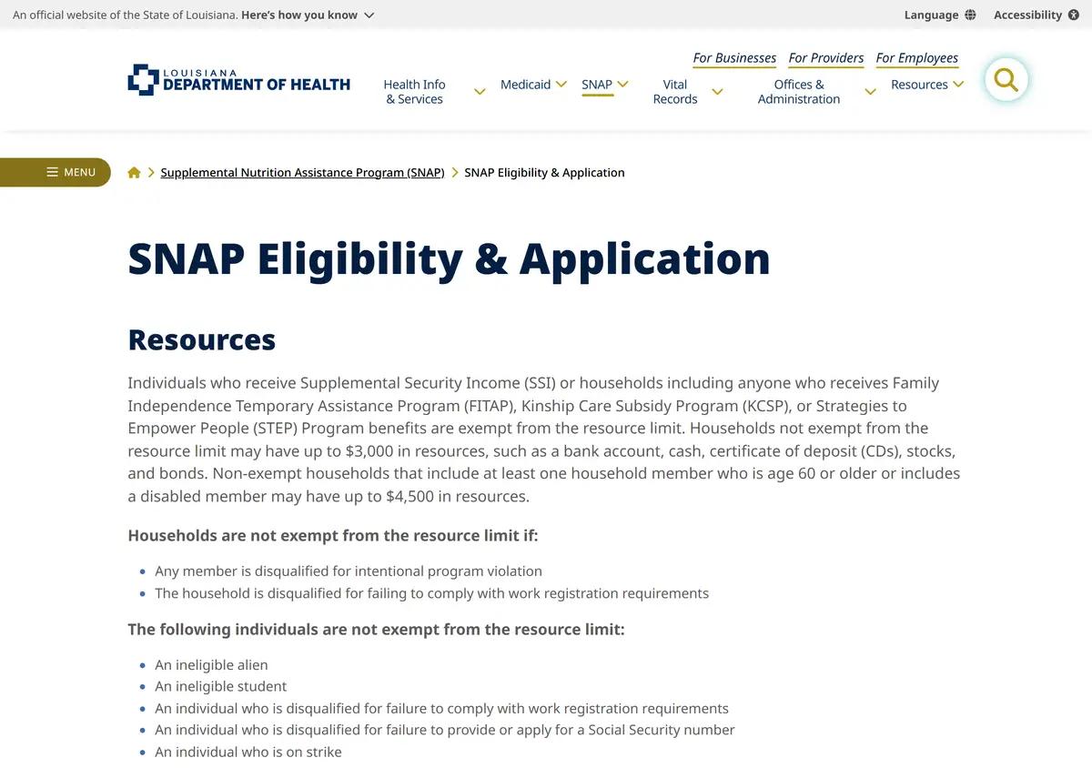 The Louisiana LDH SNAP eligibility and application page.