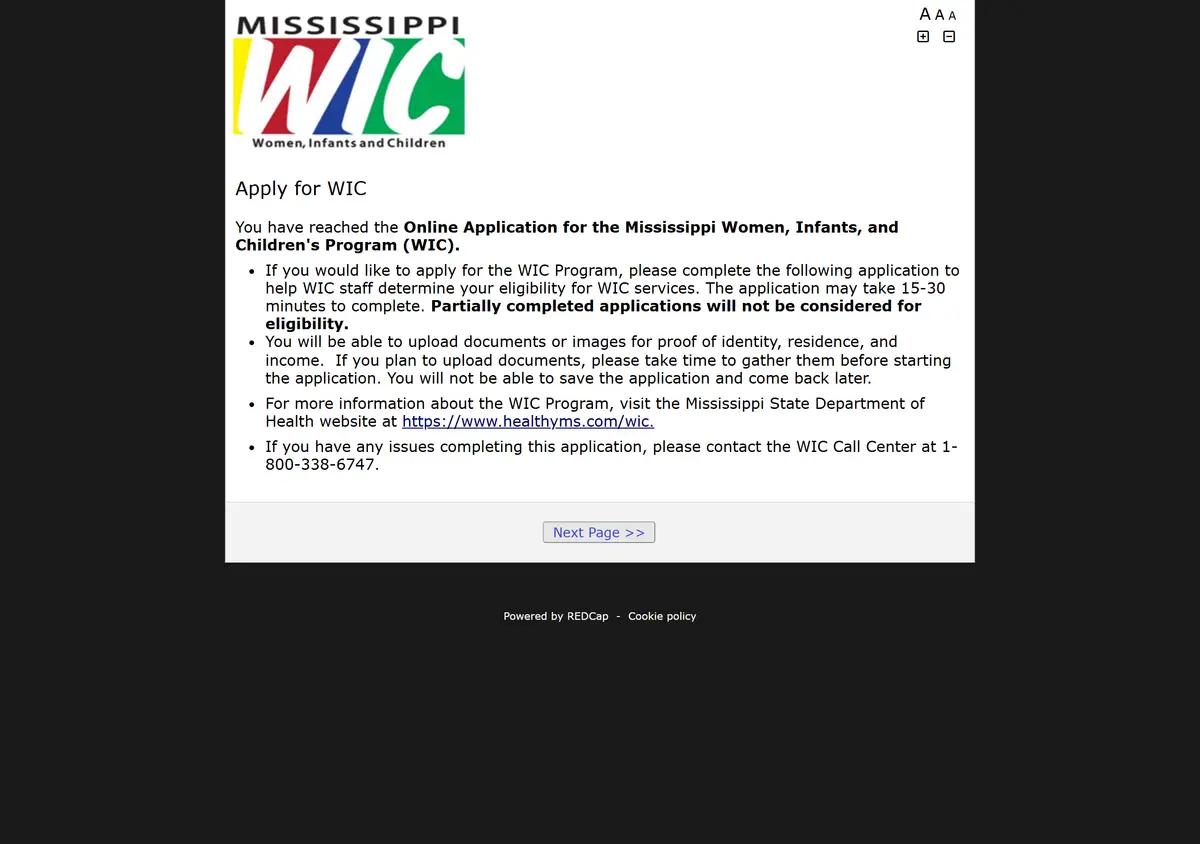 The Mississippi WIC online application.