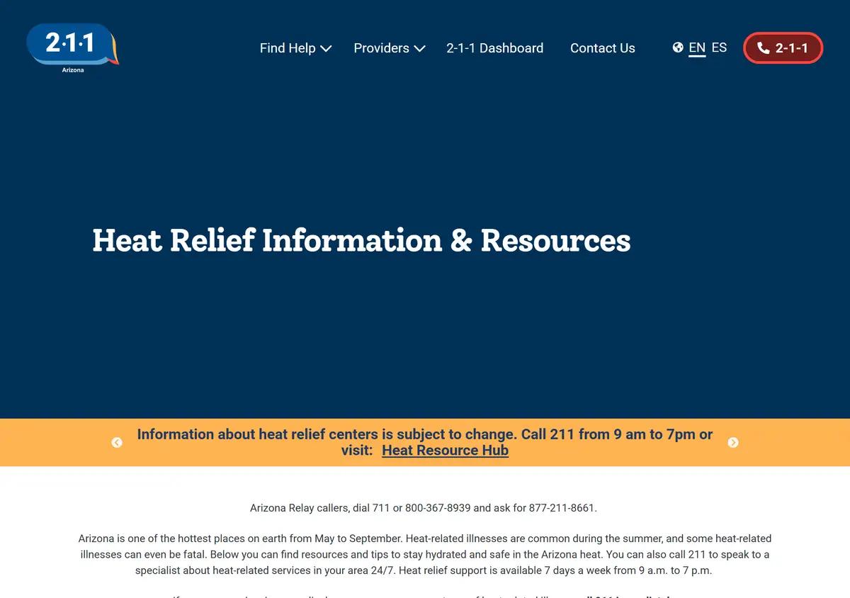The 211 Arizona heat relief page with the cooling-center map.