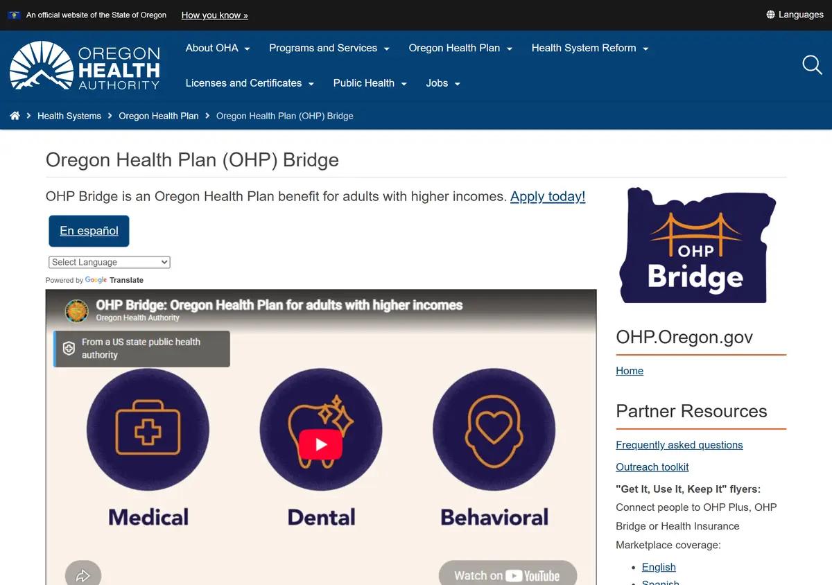 The OHP Bridge page explaining coverage from 133 to 200 percent of poverty.
