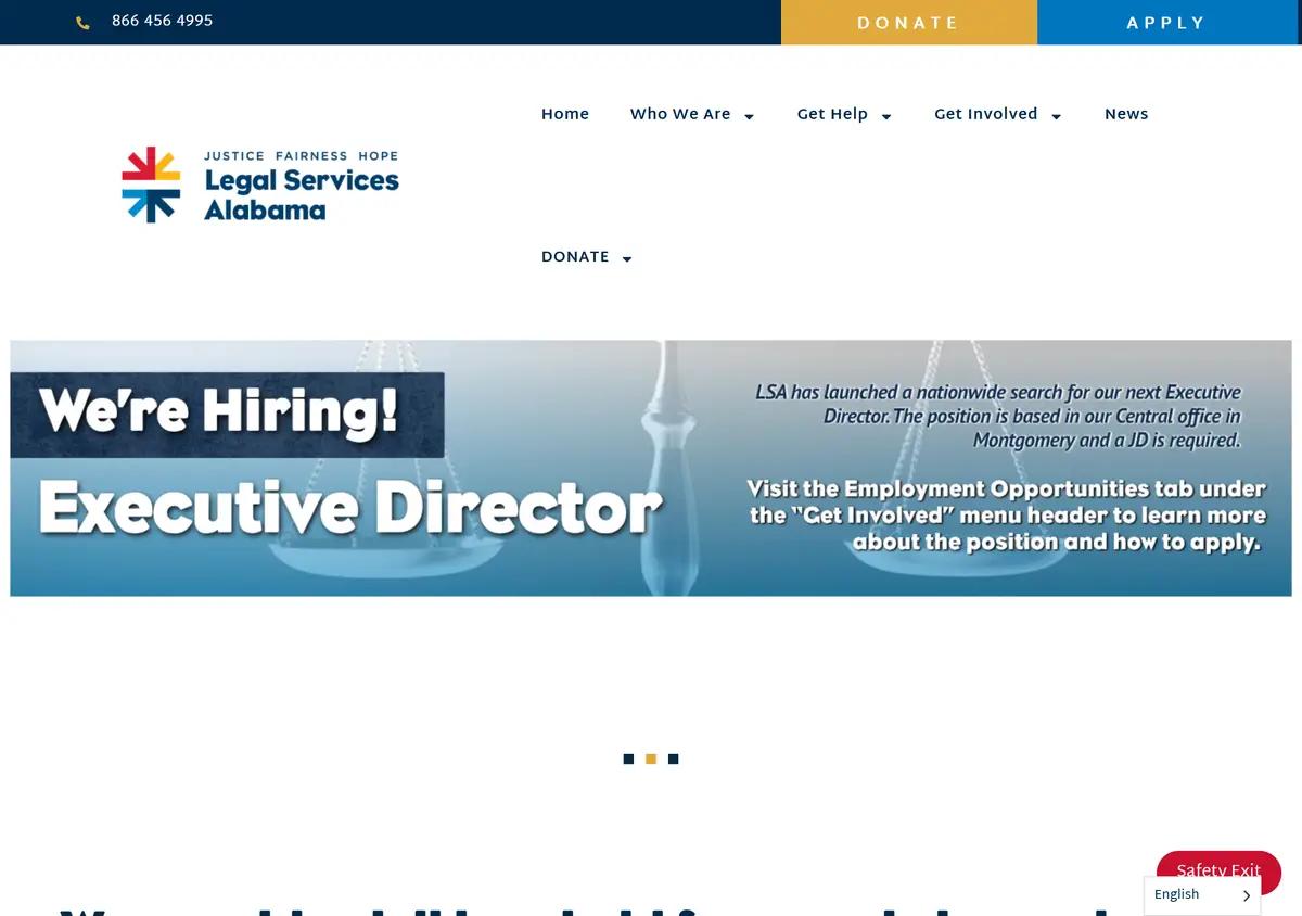 The Legal Services Alabama homepage.