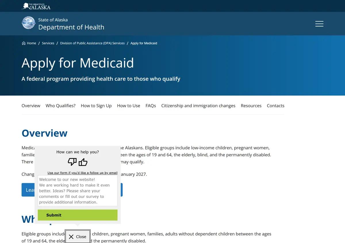 The Alaska Division of Public Assistance apply-for-Medicaid page.