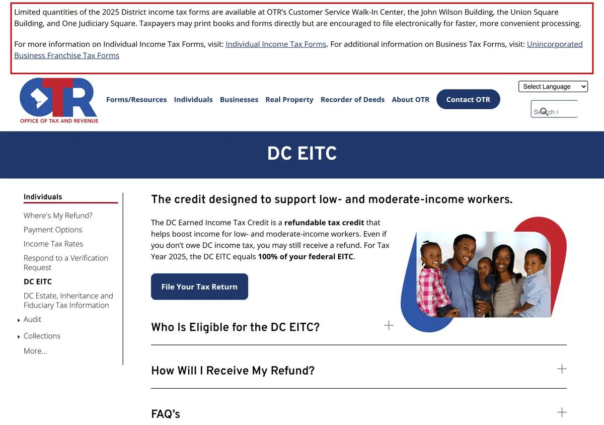 The DC Office of Tax and Revenue EITC page.