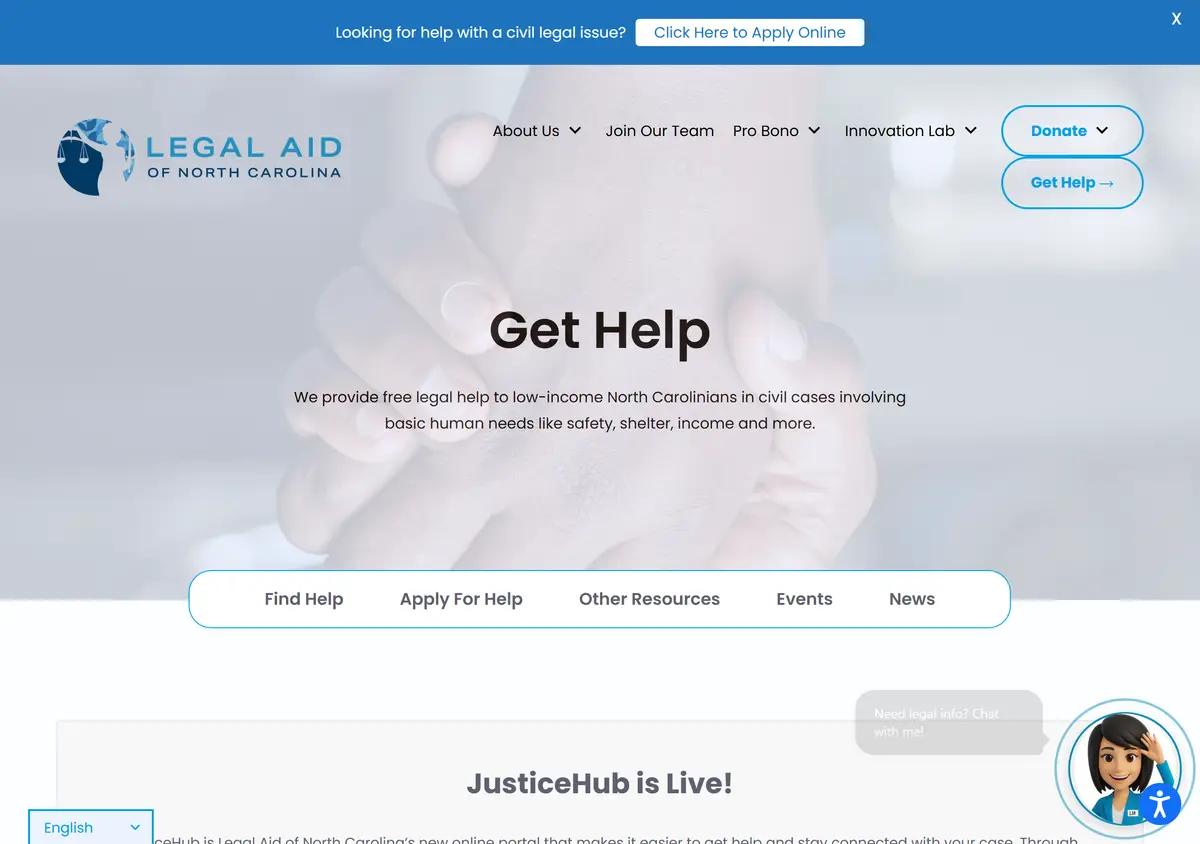 The Legal Aid of North Carolina Get Help page with the helpline and JusticeHub intake.