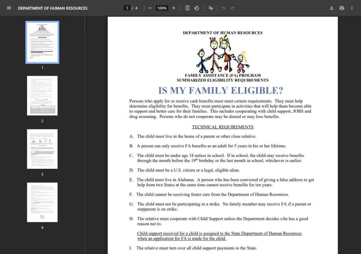 The Alabama DHR Family Assistance payment standards pamphlet.
