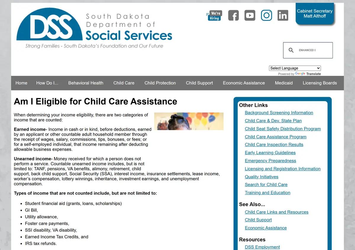 The South Dakota DSS Child Care Assistance eligibility page.