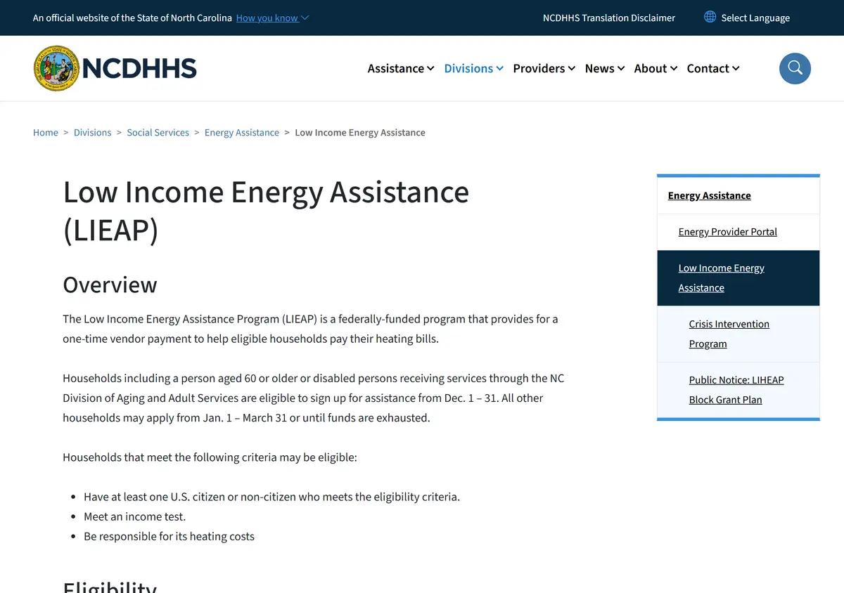 The NCDHHS Low Income Energy Assistance Program page.