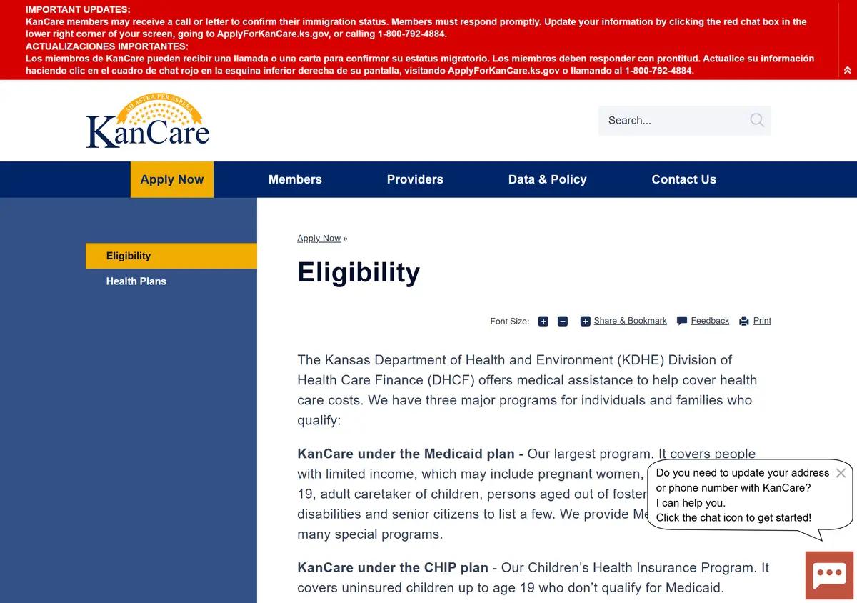 The KanCare eligibility page.