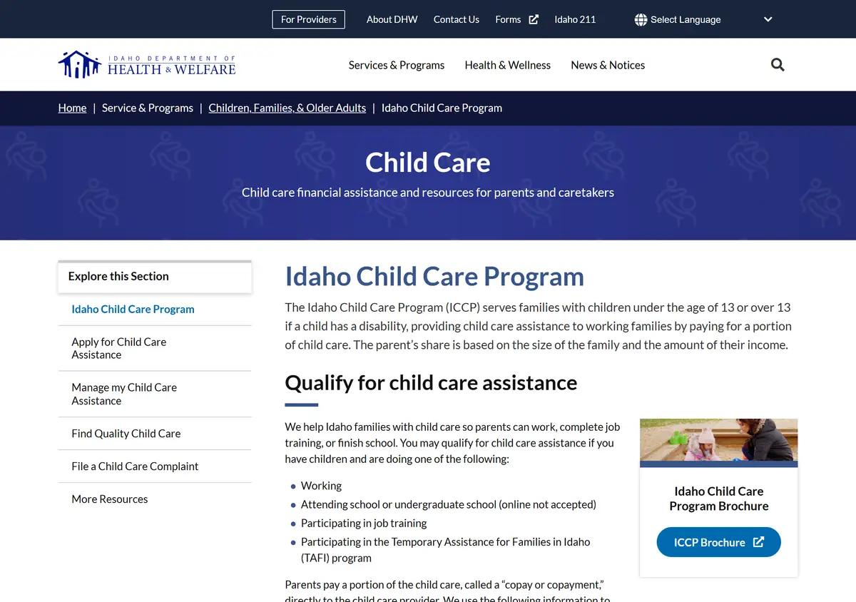 The Idaho Department of Health and Welfare Idaho Child Care Program page.