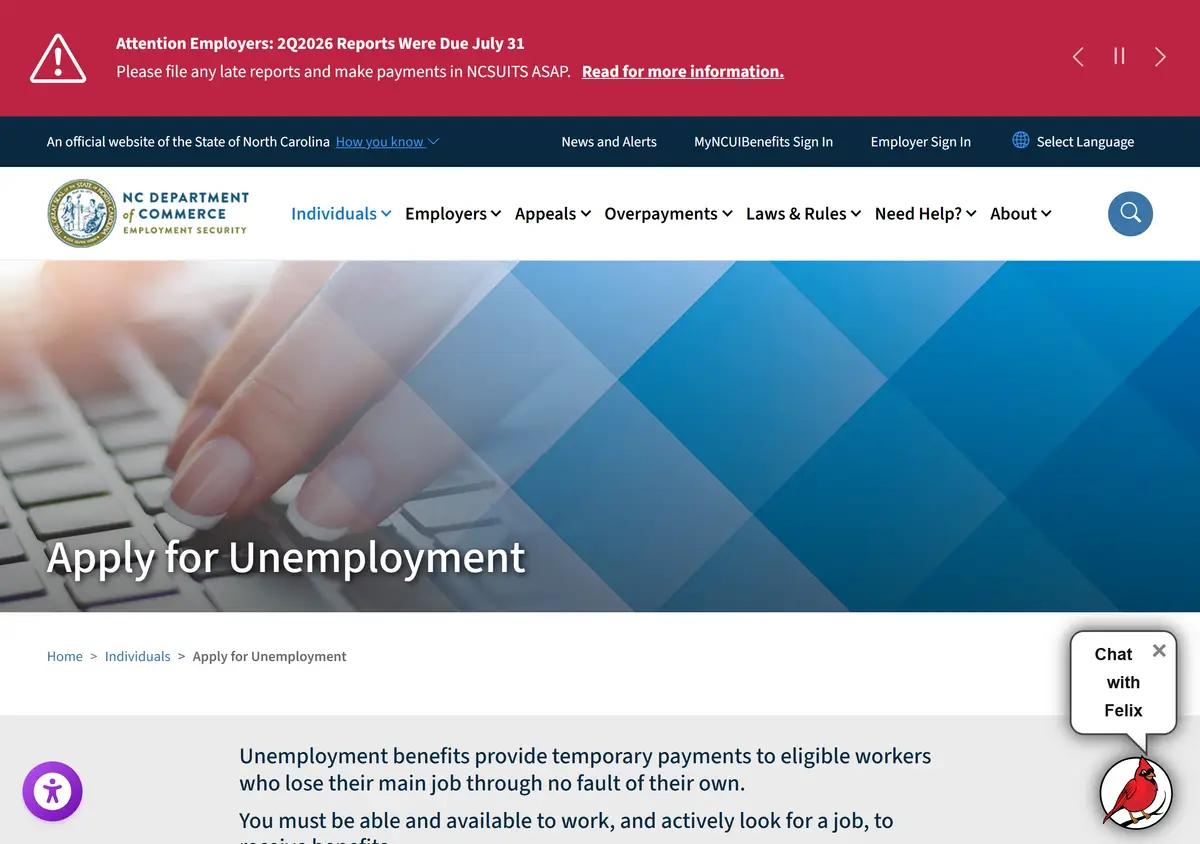 The DES apply-for-unemployment page with the MyNCUIBenefits sign-in.