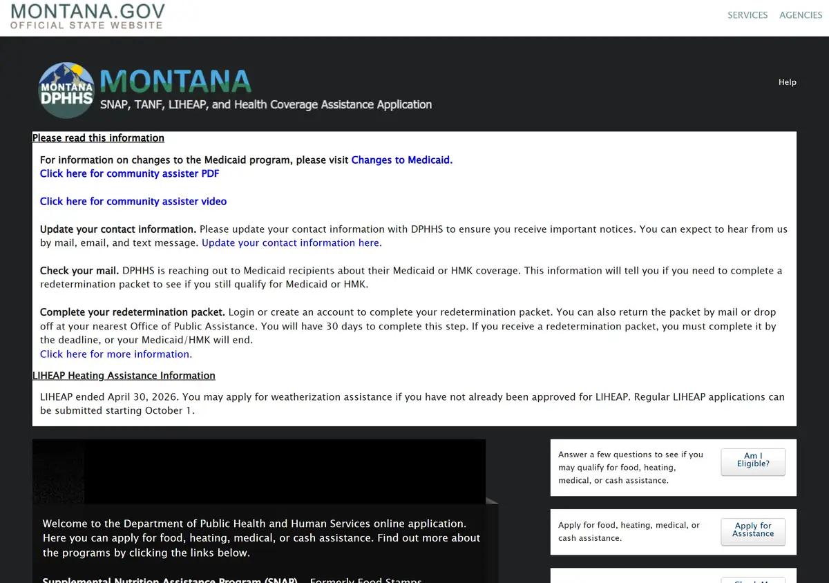 The apply.mt.gov benefits application portal.