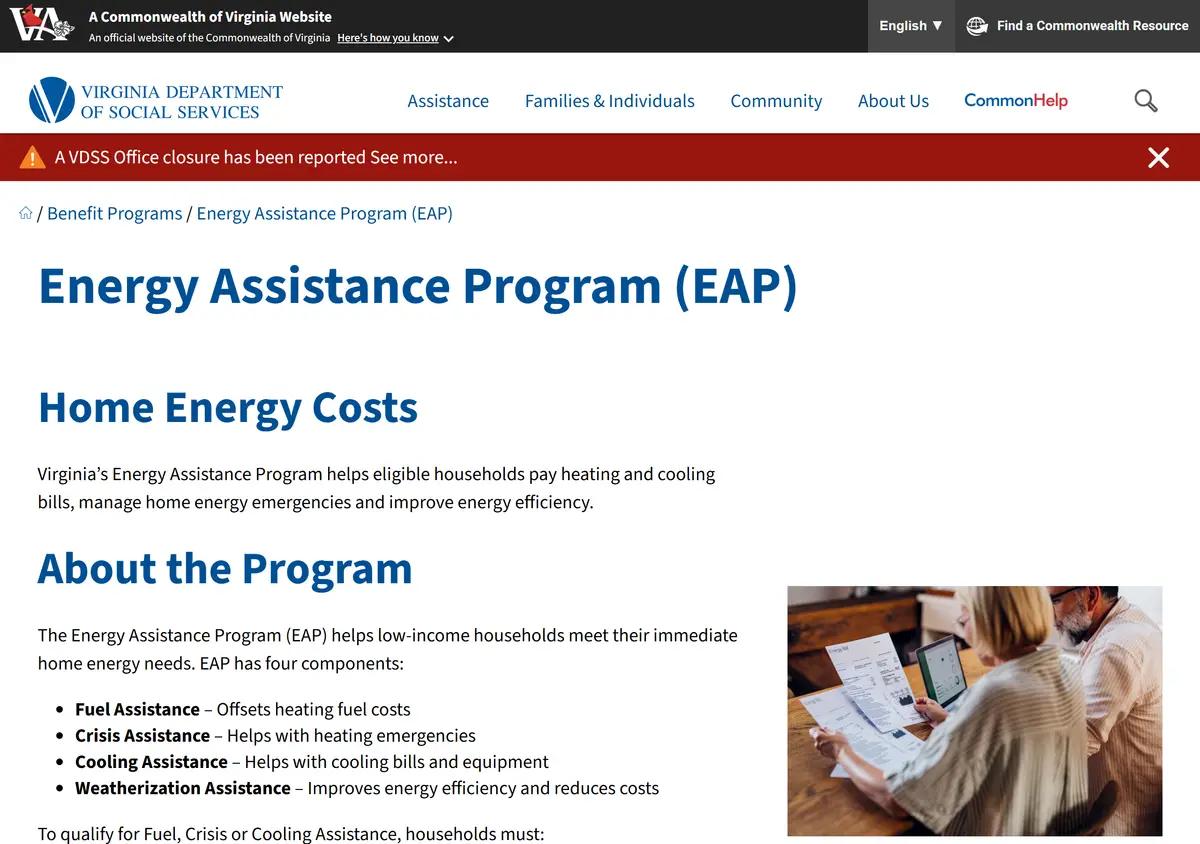 The Virginia DSS Energy Assistance page listing all three program windows.