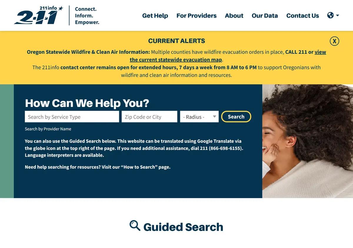 The 211info Oregon homepage.