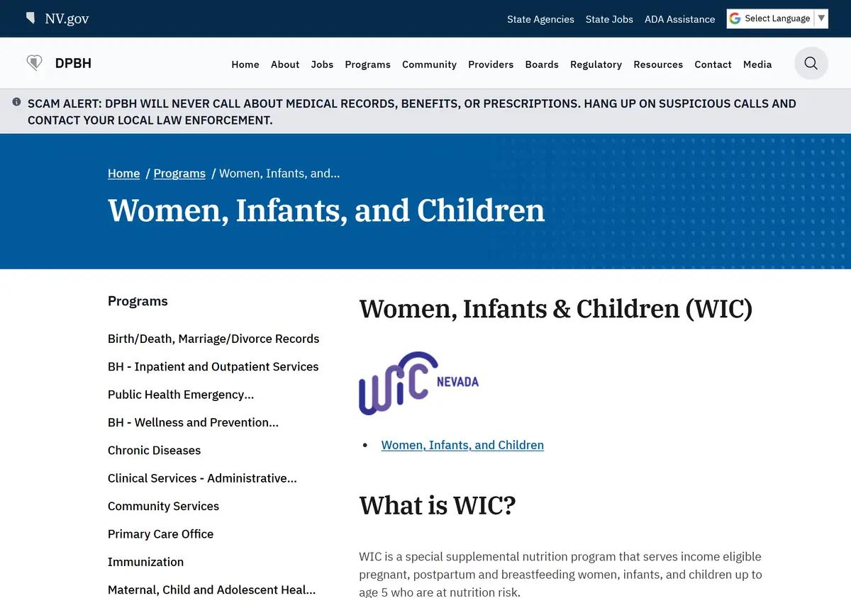 The Nevada Division of Public and Behavioral Health WIC page.