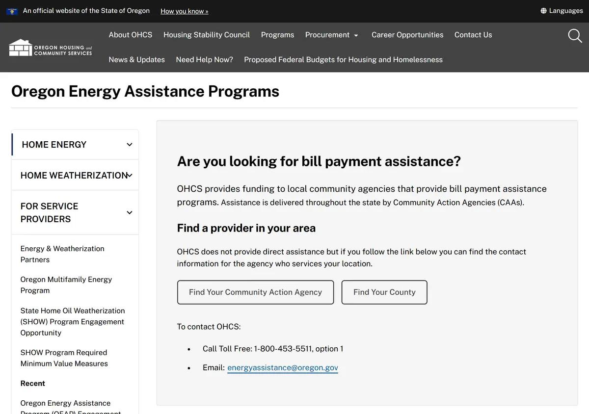 The Oregon OHCS utility bill payment assistance page.