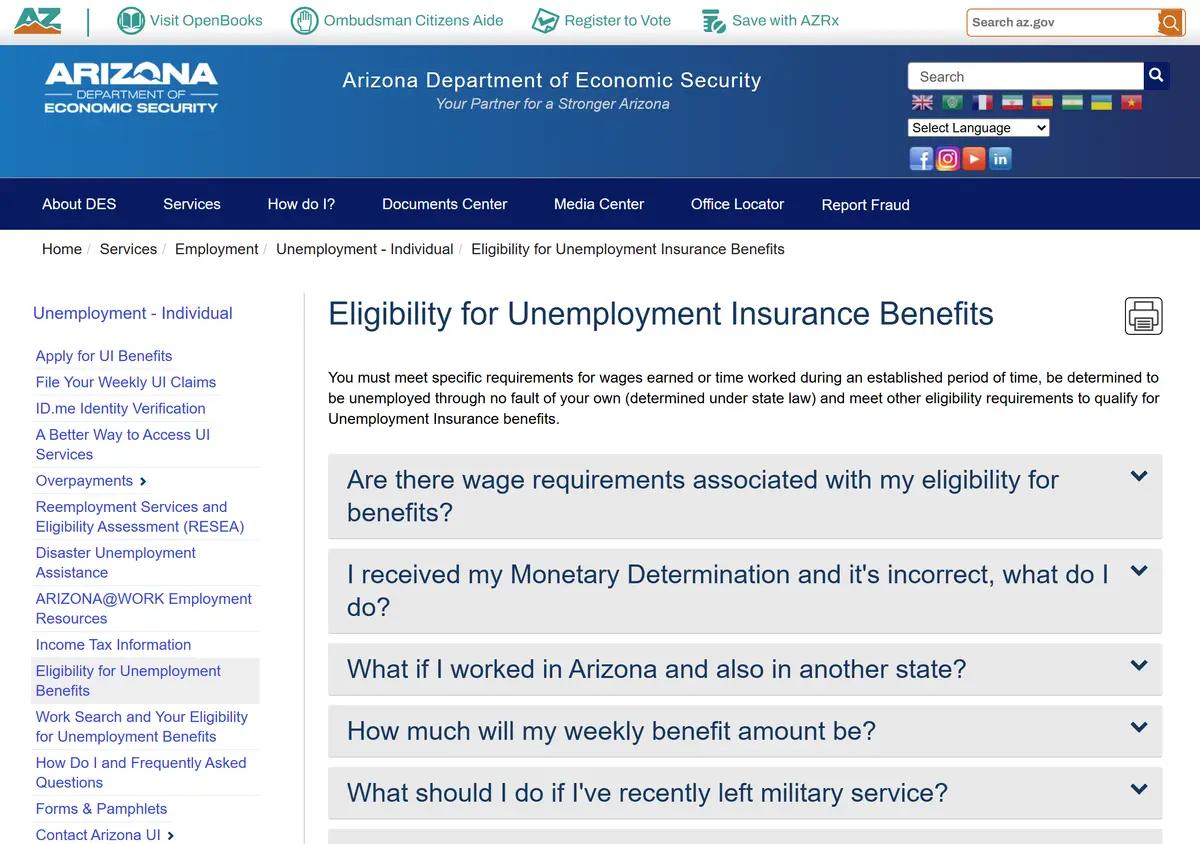 The DES eligibility page with the weekly amount rules.